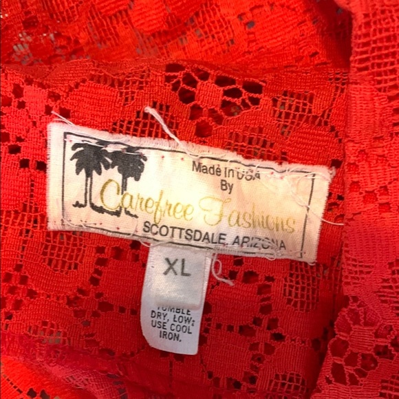 Carefree Fashions vintage Red floral Lace Top XL orange red puff 3/4 sleeve 70’s - Picture 5 of 8